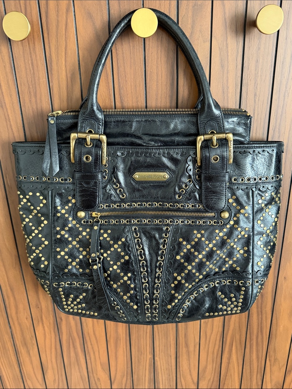 Isabella Fiore Black Leather Tote with Gold Stud Accents